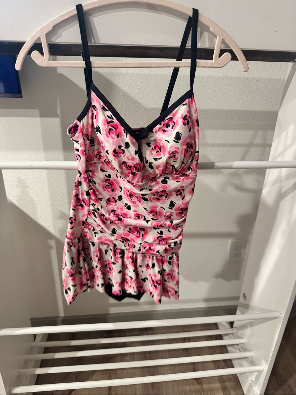 Floral Pink One-Piece Swimdress with Black Trim